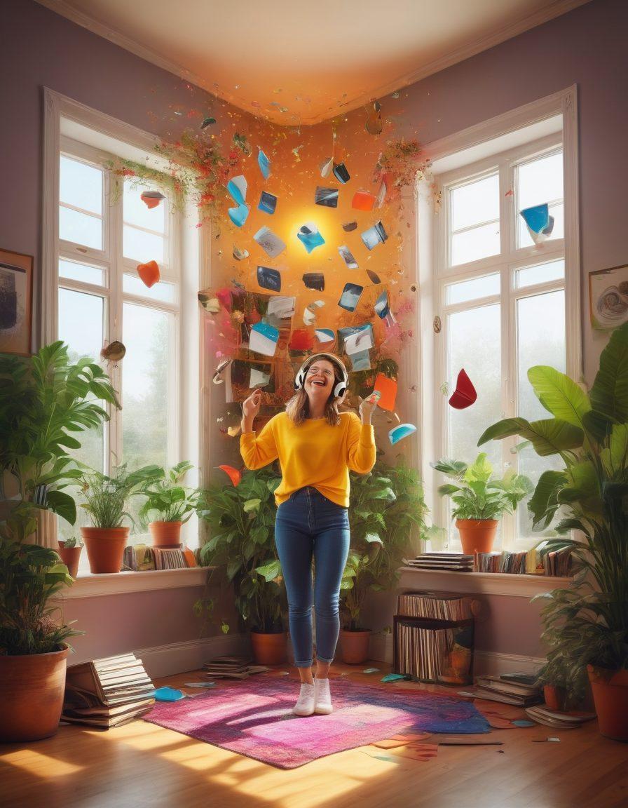 A vibrant scene of a cozy room filled with colorful records and music notes floating in the air. A person joyfully dances while wearing headphones, surrounded by bright plants and sunlight pouring through the window. Incorporate elements of happiness like smiling faces or cheerful animals enjoying the music. super-realistic. vibrant colors. warm atmosphere.