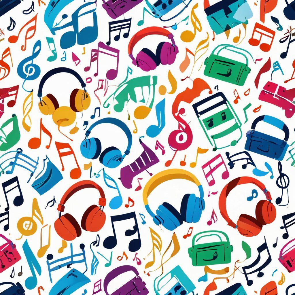 A vibrant, colorful collage of musical notes, headphones, and joyful characters enjoying different moments like dancing, celebrating, and relaxing. Background filled with soft pastel shades representing various moods, with subtle hints of technology like streaming bars and soundwaves. Elements symbolizing nature and diversity to highlight the universality of music in bringing happiness. super-realistic. vibrant colors. white background.