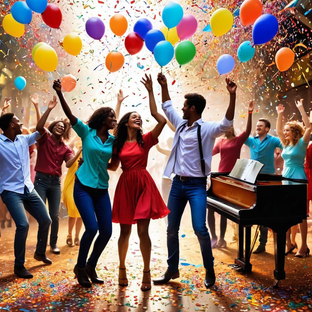 A vibrant celebration scene filled with people dancing joyfully under colorful confetti, surrounded by musical notes floating in the air. Include a sunny background with balloons and a festive atmosphere, showcasing different instruments like guitars and pianos. The essence of happiness should radiate, conveying emotions tied to music. super-realistic. vibrant colors. festive ambiance.